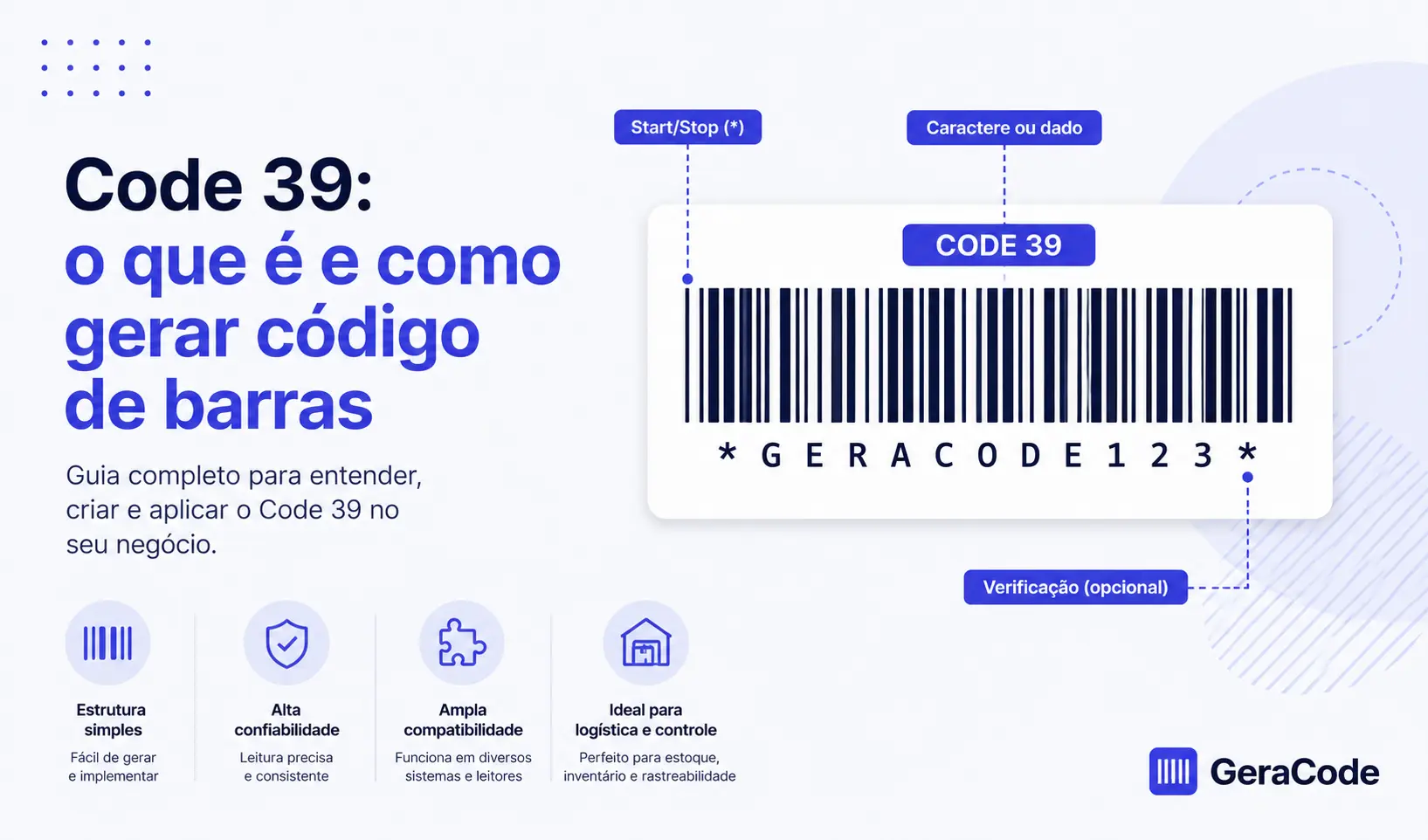 Código de barras Code 39 com exemplo de identificador alfanumérico para controle de patrimônio e estoque
