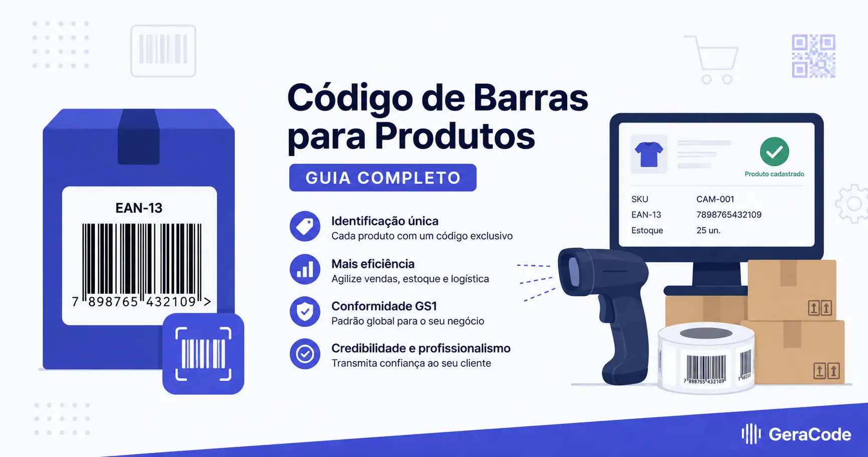 Código de barras para produtos: caixa com etiqueta EAN-13, scanner e tela de cadastro de produto